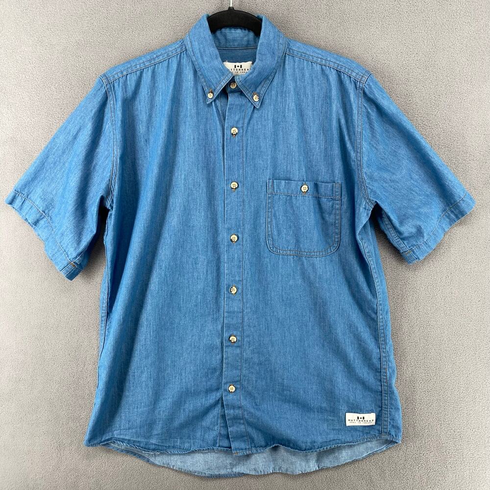 Muttonhead Canada Denim Camp Shirt Womens XL Blue Collared Button Down Pocket